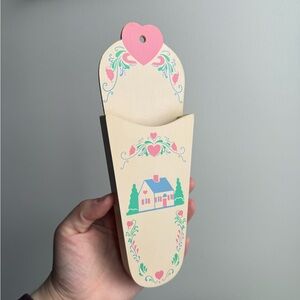 Vintage Cottagecore Wooden Wall Hanging Pocket Handpainted Heart Home Decor